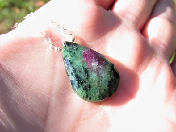 Natural Ruby Zoisite Necklace, Teardrop Ruby Zoisite Pendant, Sterling Silver, Green And Purple Gemstone, 14k Gold Fill, Gift For Her