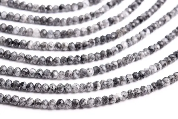 Natural Rutilated Quartz Gemstone Beads 5x3-4mm Black Faceted Rondelle A Quality Loose Beads (118459)
