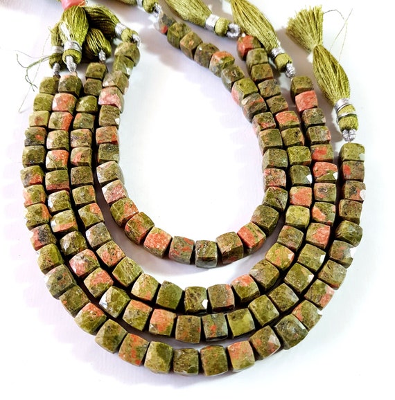 Natural Unakite Gemstone Unakite Faceted Cube Shape Beads 6.5 Mm To 7 Mm Size Approx. Beads 8 Inch Strand Beaded Briolette Sa No.- 1702