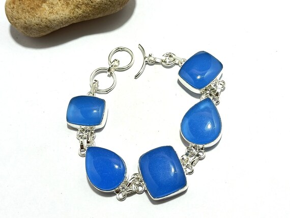 New Beautiful Blue Calcite Gemstone Handmade Silver Plated Bracelet ! Calcite Stone Bracelet