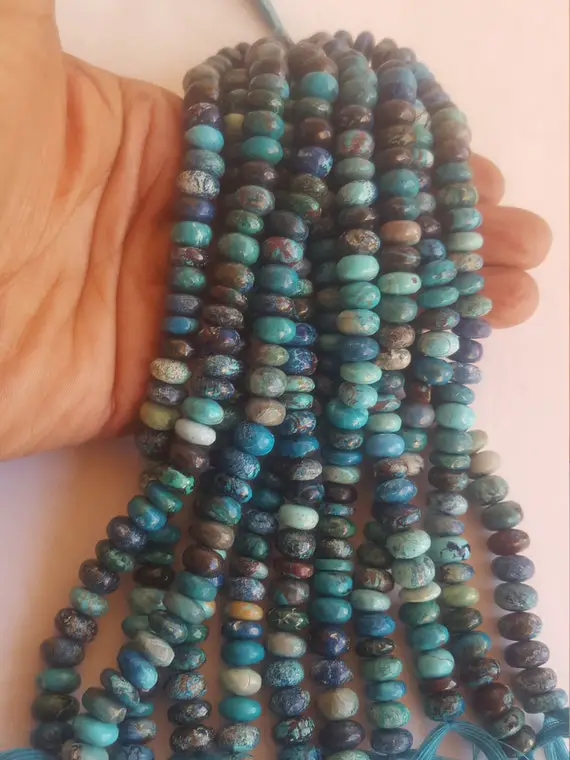 Newly Listed ~~~~  Natural Chrysocolla ~~~~  Smooth Rondelle Beads ~~~ 1 Strand ~~~ 7 Inches ~~~ 8-9 Mm ~~~ For Jewelry Making