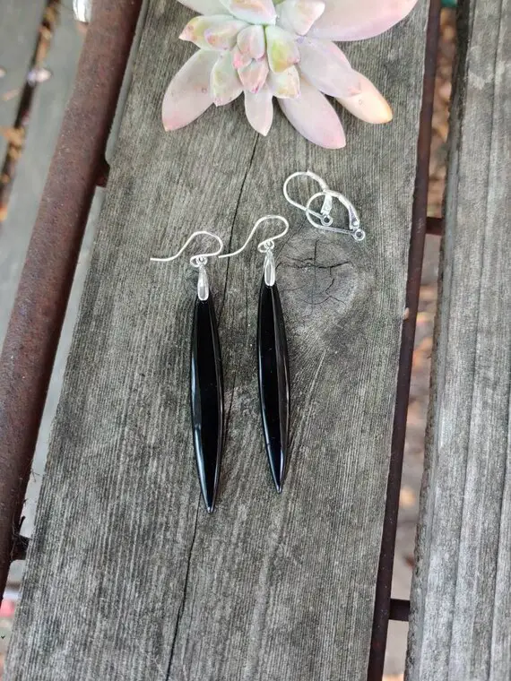 Long Black Obsidian Stick Earrings. Dagger Earrings. Silver Obsidian Earrings