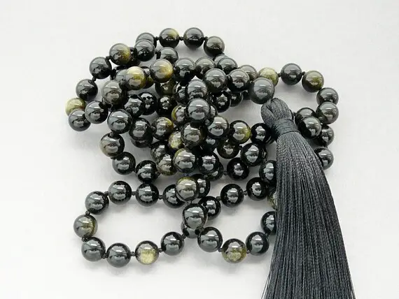 Obsidian Mala Necklace 108 Mala Black Bead Necklaces Golden Sheen Obsidian For Mans Womens Gift Hand Knotted Black Tassel Beaded Necklace