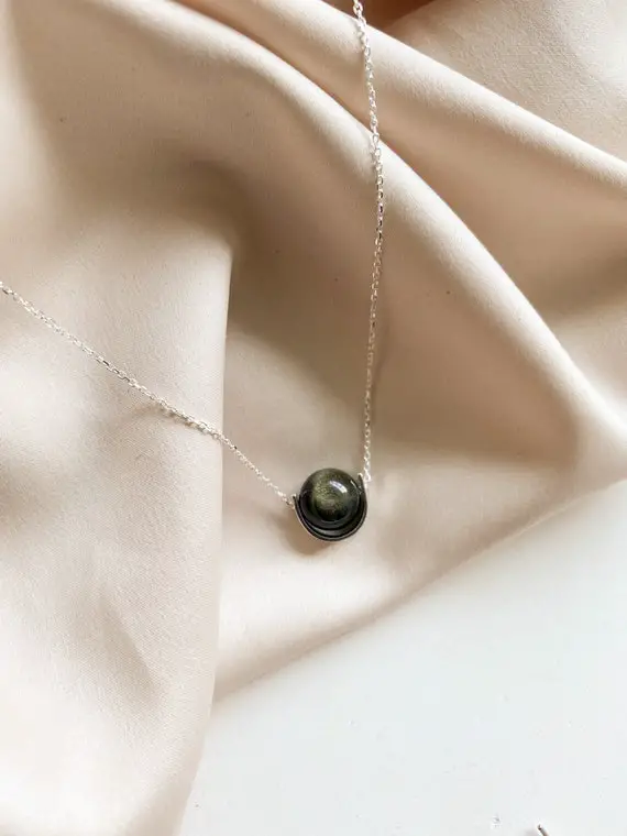 Obsidian Necklace, Sterling Silver Black Stone Fidget Necklace For Women, Golden Sheen Obsidian Modern Necklace, Handmade One Stone Necklace