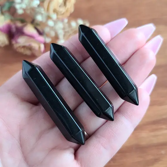 Small Black Obsidian Dt Crystal Wands 2.2", Bulk Lots Of Double Terminated Points For Jewelry Making Or Crystal Grids