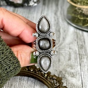 Shop Obsidian Rings! Triple Stone Silver Sheen Obsidian Ring in Solid Sterling Silver- Designed by FOXLARK Collection Size 5 6 7 8 9 10 11 | Natural genuine Obsidian rings, simple unique handcrafted gemstone rings. #rings #jewelry #shopping #gift #handmade #fashion #style #affiliate #ad