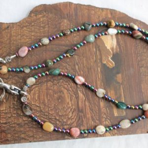 Shop Ocean Jasper Necklaces! Ocean Jasper 24 Inches Badge Lanyard Necklace Chain Madagascar Ocean Jasper Necklace Rainbow Hematite Badge Lanyard Necklace | Natural genuine Ocean Jasper necklaces. Buy crystal jewelry, handmade handcrafted artisan jewelry for women.  Unique handmade gift ideas. #jewelry #beadednecklaces #beadedjewelry #gift #shopping #handmadejewelry #fashion #style #product #necklaces #affiliate #ad