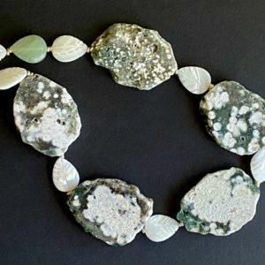 Shop Ocean Jasper Necklaces! Ocean Jasper Necklace Large Speckled Sea Green and White Slab Beads w Ethiopian Silver and Carved New Jade and MOP Leaves Gemstone Jewelry | Natural genuine Ocean Jasper necklaces. Buy crystal jewelry, handmade handcrafted artisan jewelry for women.  Unique handmade gift ideas. #jewelry #beadednecklaces #beadedjewelry #gift #shopping #handmadejewelry #fashion #style #product #necklaces #affiliate #ad