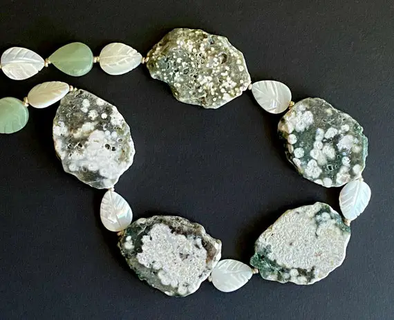Ocean Jasper Necklace Large Speckled Sea Green And White Slab Beads W Ethiopian Silver And Carved New Jade And Mop Leaves Gemstone Jewelry