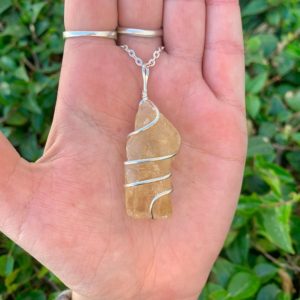 Shop Calcite Necklaces! One Rough Honey Calcite Spiral Wire Wrap Necklace w/ Electroplated Chain, Calcite Necklace, Honey Calcite Pendant, Rough Stone Necklace | Natural genuine Calcite necklaces. Buy crystal jewelry, handmade handcrafted artisan jewelry for women.  Unique handmade gift ideas. #jewelry #beadednecklaces #beadedjewelry #gift #shopping #handmadejewelry #fashion #style #product #necklaces #affiliate #ad