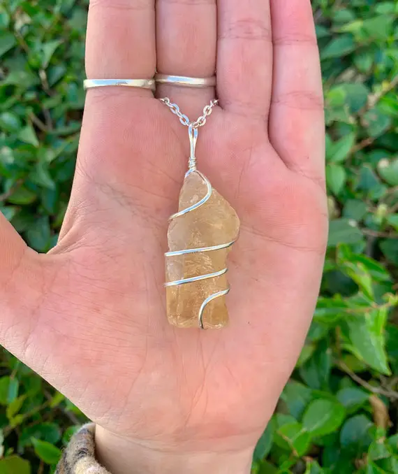 One Rough Honey Calcite Spiral Wire Wrap Necklace W/ Electroplated Chain, Calcite Necklace, Honey Calcite Pendant, Rough Stone Necklace