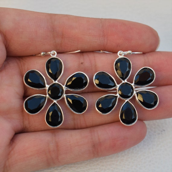 Faceted Black Onyx Earrings, Flower Design Earring, Handmade Earrings, 925 Sterling Silver, Gift For Her, Onyx Earrings, December Birthstone