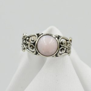 Shop Opal Rings! Pink Opal Ring, Peruvian Opal  Filigree Ring, Solitaire Ring, Genuine Cabochon Gemstone 8mm Round, Set in 925 Sterling Silver Filigree Mount | Natural genuine Opal rings, simple unique handcrafted gemstone rings. #rings #jewelry #shopping #gift #handmade #fashion #style #affiliate #ad