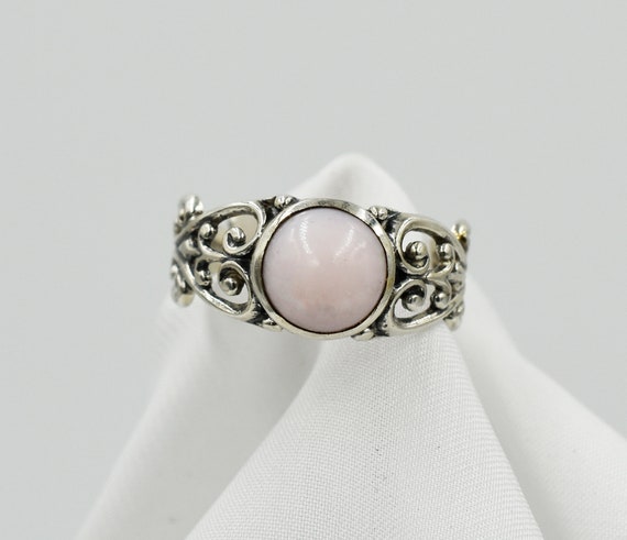 Pink Opal Ring, Peruvian Opal  Filigree Ring, Solitaire Ring, Genuine Cabochon Gemstone 8mm Round, Set In 925 Sterling Silver Filigree Mount