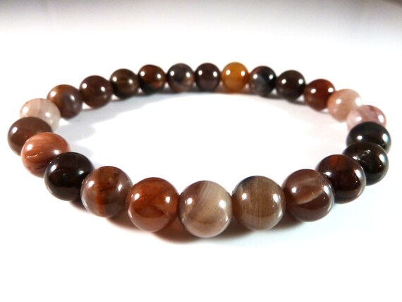 Petrified Wood Bracelet 8mm Smooth Round Beads Stretch Polished Gemstone Pink Burgundy Rust Golden Yellow Brown Beige Natural Genuine Unisex