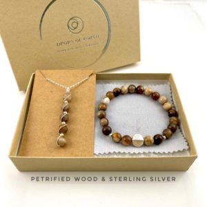 Petrified wood necklace and bracelet gift set, matte finish with sterling silver | Natural genuine Petrified Wood necklaces. Buy crystal jewelry, handmade handcrafted artisan jewelry for women.  Unique handmade gift ideas. #jewelry #beadednecklaces #beadedjewelry #gift #shopping #handmadejewelry #fashion #style #product #necklaces #affiliate #ad