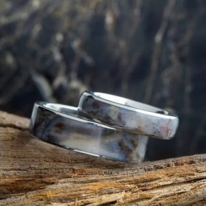 Shop Petrified Wood Rings! Petrified Wood Wedding Bands in Titanium, Coordinating Wedding Bands With Petrified Wood Inlays | Natural genuine Petrified Wood rings, simple unique alternative gemstone engagement rings. #rings #jewelry #bridal #wedding #jewelryaccessories #engagementrings #weddingideas #affiliate #ad