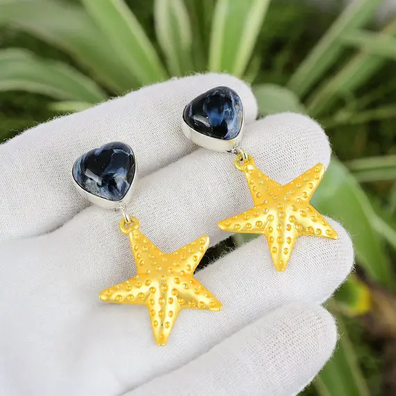 Pietersite Earrings 925 Sterling Silver Earrings 18k Gold Plated Natural Gemstone Jewelry Handmade Earrings Starfish Earring Antique Earring