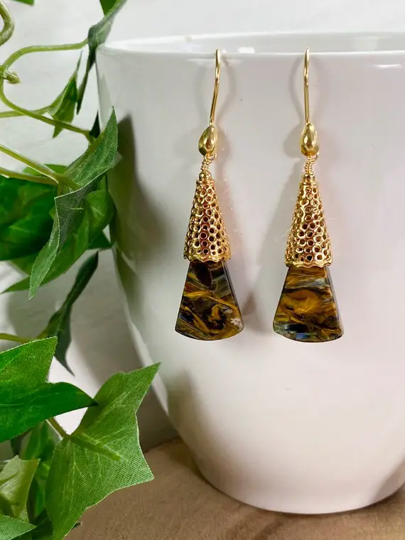 Pietersite Earrings - Pietersite Jewelry - Chatoyant Gemstones - Gold Earrings - Gift For Mom - Pietersite Cone