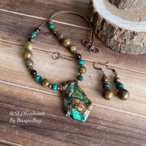 Shop Pietersite Necklaces! Pietersite necklace Bronzite set stone green malachite earrings Composite handmade tiger eye boho brown copper gift unique jewelry women 18 | Natural genuine Pietersite necklaces. Buy crystal jewelry, handmade handcrafted artisan jewelry for women.  Unique handmade gift ideas. #jewelry #beadednecklaces #beadedjewelry #gift #shopping #handmadejewelry #fashion #style #product #necklaces #affiliate #ad
