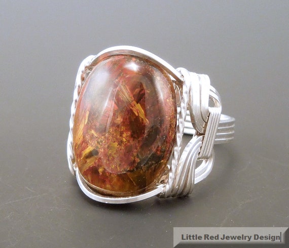 Sterling Silver Pietersite Cabochon Wire Wrapped Ring