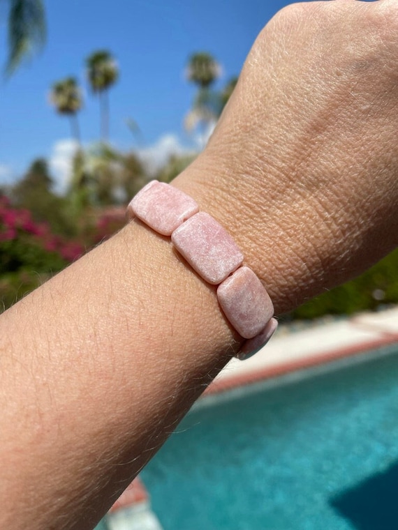 Pink Calcite Bracelet #2- 15mm X 20mm Flat Rectangle Beads - Empathic Connections, Grief Release, Anger Release