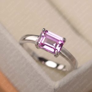 Shop Pink Sapphire Rings! Pink sapphire ring, emerald cut pink stone ring, sterling silver anniversary ring for women | Natural genuine Pink Sapphire rings, simple unique handcrafted gemstone rings. #rings #jewelry #shopping #gift #handmade #fashion #style #affiliate #ad