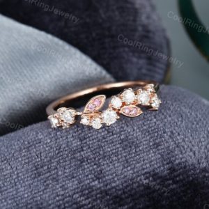 Moissanite wedding band women Rose gold wedding band vintage Unique Pink sapphire Floral stacking matching Bridal set Promise Gift for her | Natural genuine Pink Sapphire jewelry. Buy handcrafted artisan wedding jewelry.  Unique handmade bridal jewelry gift ideas. #jewelry #beadedjewelry #gift #crystaljewelry #shopping #handmadejewelry #wedding #bridal #jewelry #affiliate #ad