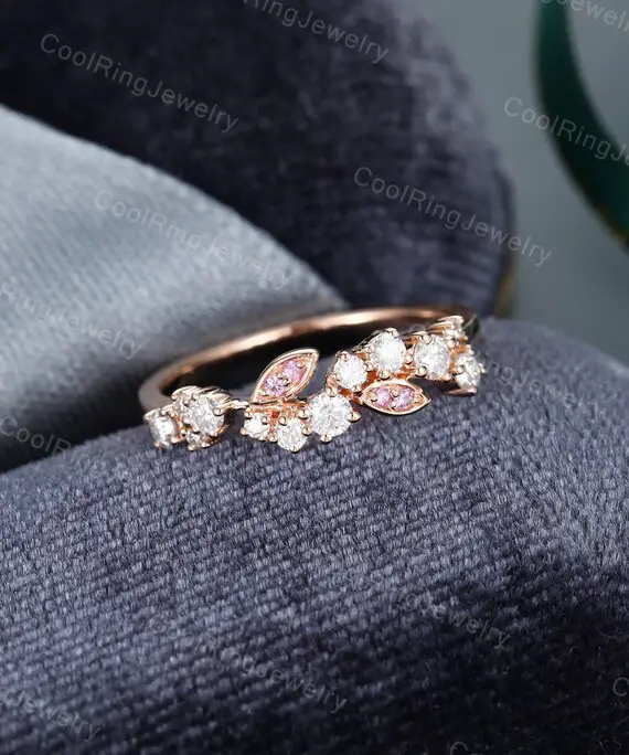 Moissanite Wedding Band Women Rose Gold Wedding Band Vintage Unique Pink Sapphire Floral Stacking Matching Bridal Set Promise Gift For Her
