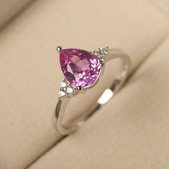 Pink Sapphire Wedding Ring, Water Drop Shaped, Solid Sterling Silver, Hot Pink Gemstone,unique Daily Ring