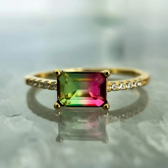 Pink Tourmaline Ring (usa) - 14k Gold Plated Watermelon Tourmaline Ring | Small Crystal Rings, Gemstone Rings - 14k Gold Plated Silver