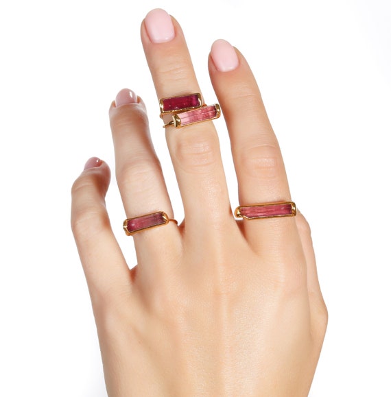 Raw Pink Tourmaline Ring, Rubellite Tourmaline Ring For Women, Red Pink Horizontal Stone Ring, Raw Gemstone Jewelry, Raw Crystal Ring