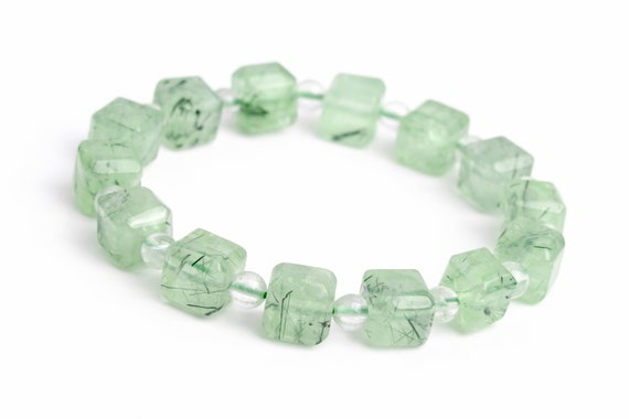 8-9mm Epidote In Prehnite Beads Light Green Bracelet Grade Aaa Genuine Natural Beveled Edge Faceted Cube Gemstone 7.5" (118513h-4038)