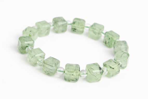 8-9mm Epidote In Prehnite Beads Light Green Bracelet Grade Aaa Genuine Natural Beveled Edge Faceted Cube Gemstone 7.5" (118510h-4038)