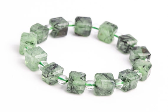 9-10mm Epidote In Prehnite Beads Green Bracelet Grade Aaa Genuine Natural Beveled Edge Faceted Cube Gemstone 7.5" (118508h-4038)