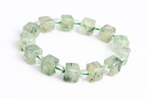9-10mm Epidote In Prehnite Beads Light Green Bracelet Grade Aaa Genuine Natural Beveled Edge Faceted Cube Gemstone 7.5" (118507h-4038)
