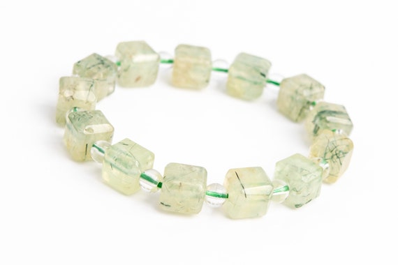 9-10mm Epidote In Prehnite Beads Yellow Green Bracelet Grade Aaa Genuine Natural Beveled Edge Faceted Cube Gemstone 7.5" (118506h-4038)