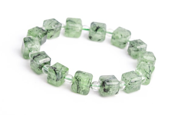 9-10mm Epidote In Prehnite Beads Green Bracelet Grade Aaa Genuine Natural Beveled Edge Faceted Cube Gemstone 7.5" (118509h-4038)