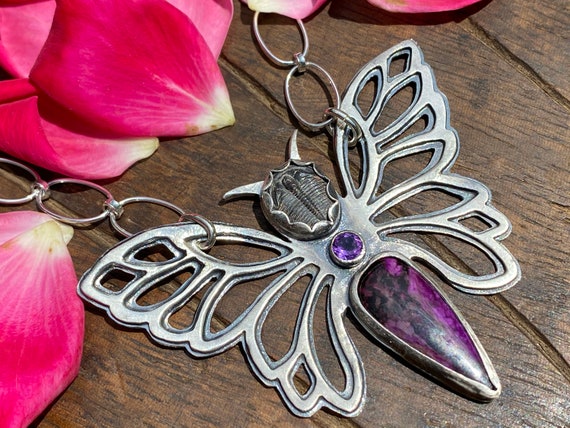 Purple Butterfly Necklace. Artisan Sterling Silver, Trilobite, Sugilite, Amethyst. Raw, Primitive, Organic, Tribal, Moth, Boho, Fossil.