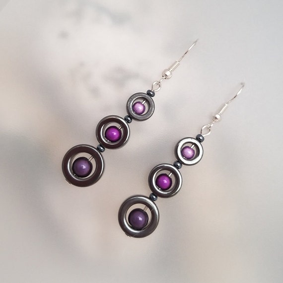 Purple Hematite Earrings - Purple Mauve Earrings - Hematite Earrings Jewellery - Made In Cornwall - Cornish Jewellery