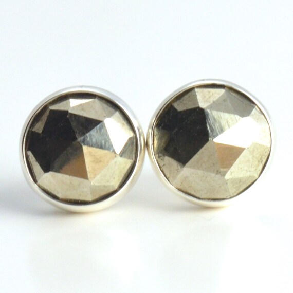 Golden Pyrite Rose Cut 8mm Sterling Silver Stud Earrings Pair