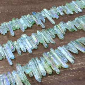 Tiny Green Aura Crystal Points Polished Quartz Point Beads Bulk Quartz Stick Spike Bead Wholesale Quartz Crystal Top Drilled 3-7×12-35mm | Natural genuine beads Gemstone beads for beading and jewelry making.  #jewelry #beads #beadedjewelry #diyjewelry #jewelrymaking #beadstore #beading #affiliate #ad