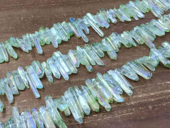 Tiny Green Aura Crystal Points Polished Quartz Point Beads Bulk Quartz Stick Spike Bead Wholesale Quartz Crystal Top Drilled 3-7x12-35mm