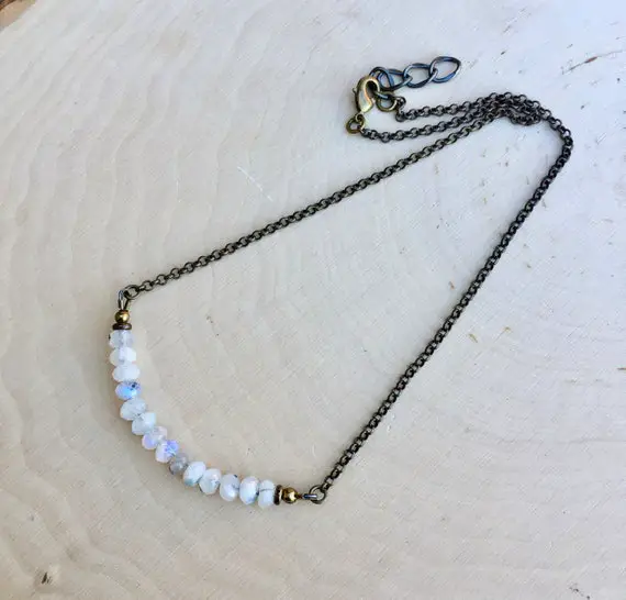 Rainbow Moonstone Necklace Beaded With Antiqued Brass Chain, 14"-18"