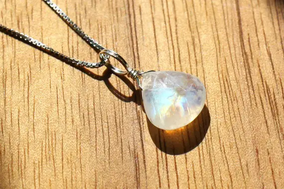 Rainbow Moonstone Necklace - Blue Moonstone Pendant - Teardrop Moonstone Charm - Small June Birthstone Birthday Gift - Everyday Wear Jewelry