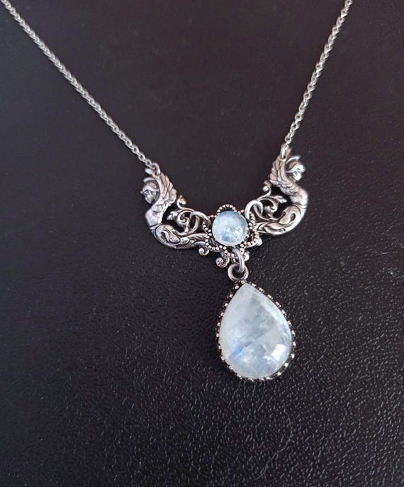 Silver Moonstone Necklace, Victorian Vintage Style Necklace, Angels Goddess Jewelry