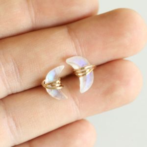 Rainbow Moonstone Studs, Rainbow Moonstone Earrings, Crescent Moon Earrings, June Birthstone, Rainbow Moonstone Crescent Post Earrings | Natural genuine Rainbow Moonstone jewelry. Buy crystal jewelry, handmade handcrafted artisan jewelry for women.  Unique handmade gift ideas. #jewelry #beadedjewelry #beadedjewelry #gift #shopping #handmadejewelry #fashion #style #product #jewelry #affiliate #ad