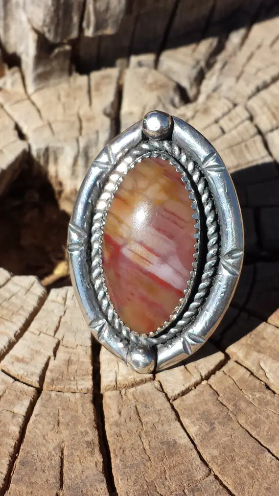 Rainbow Petrified Wood, Beautiful Colors, Oval Ring, Size 7.25, Adorned And Crafted In Sterling Silver