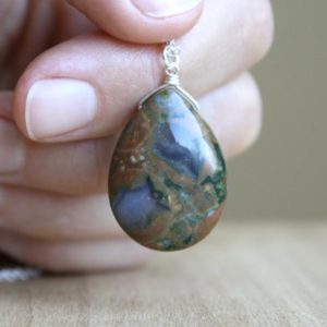 Green Gemstone Necklace . Rhyolite Necklace 925 Sterling Silver . Natural Stone Teardrop Necklace | Natural genuine Rainforest Jasper pendants. Buy crystal jewelry, handmade handcrafted artisan jewelry for women.  Unique handmade gift ideas. #jewelry #beadedpendants #beadedjewelry #gift #shopping #handmadejewelry #fashion #style #product #pendants #affiliate #ad