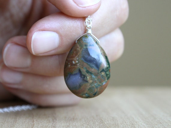 Green Gemstone Necklace . Rhyolite Necklace 925 Sterling Silver . Natural Stone Teardrop Necklace